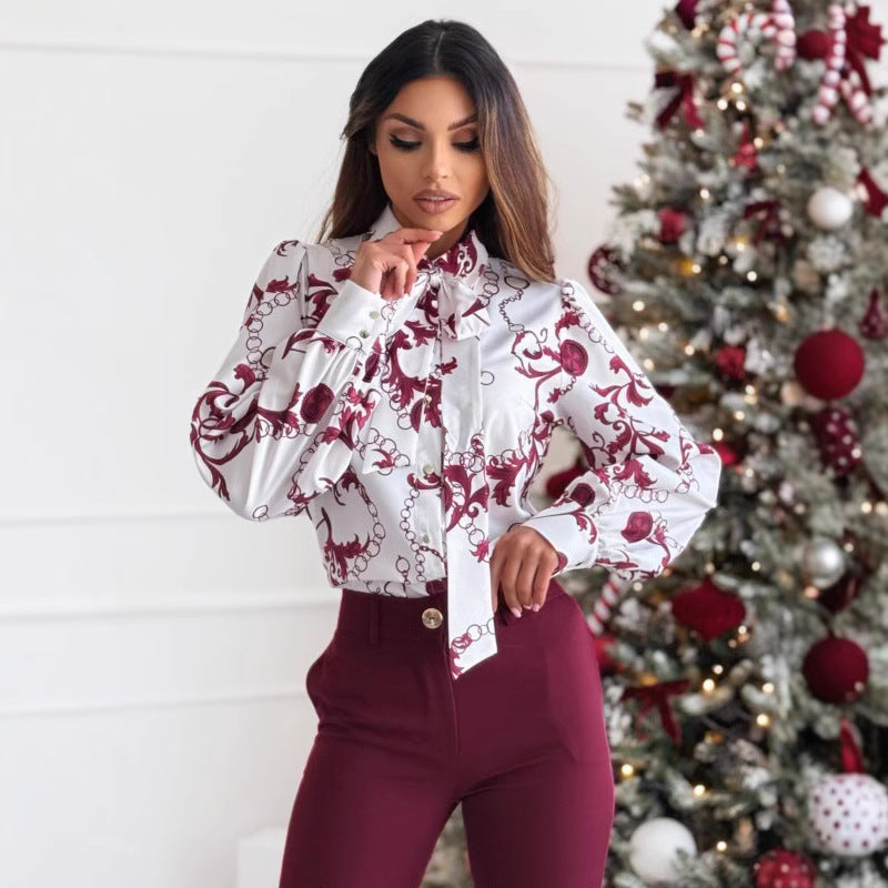 Chemise femme manches longues – Coupe cintrée – Imprimé élégant – Col lavallière