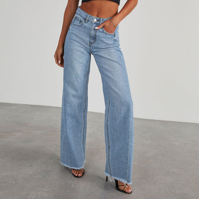 Jean large femme – Taille haute – Coupe ample – Ourlet effiloché – Longueur au sol