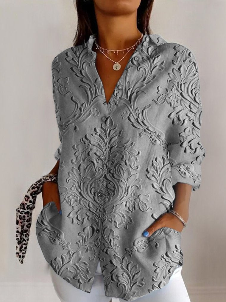 Chemise femme – Coupe décontractée – Tissu respirant – Manches longues – Motifs embossés
