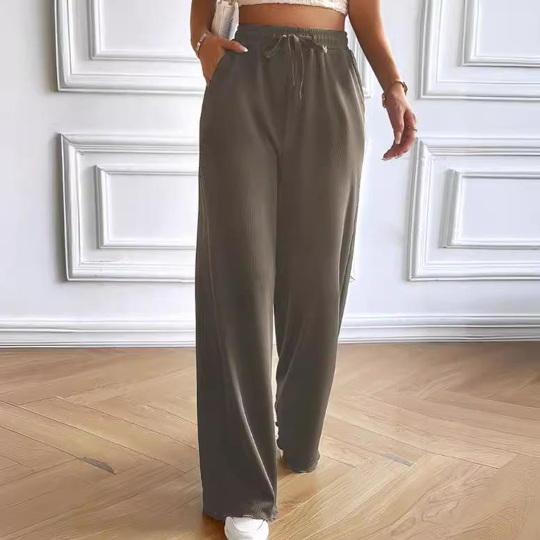 Pantalon Femme Large – Coupe Décontractée – Taille Élastique avec Cordon – Longueur Totale