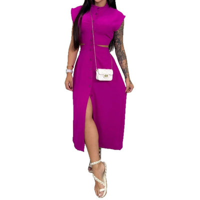Robe midi femme – Coupe slim – Sans manches – Taille ajourée – Col montant – Boutonnée