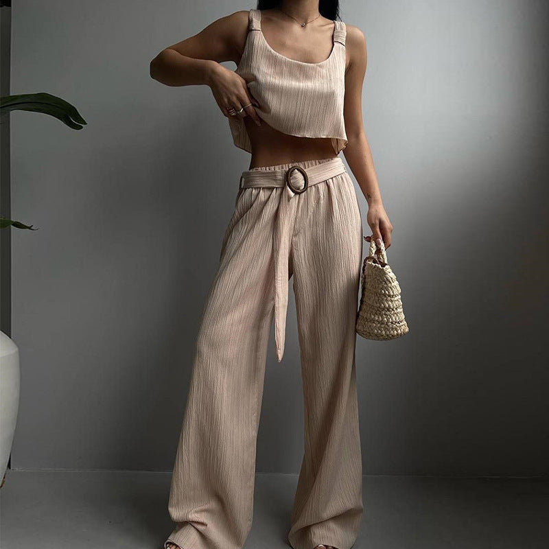 Ensemble Femme Deux Pièces – Haut Court et Pantalon Large – Tissu Respirant Fluide