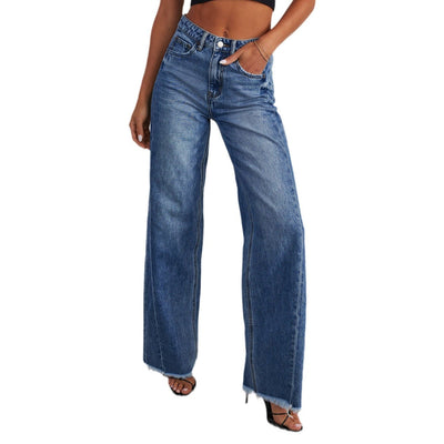 Jean large femme – Taille haute – Coupe ample – Ourlet effiloché – Longueur au sol