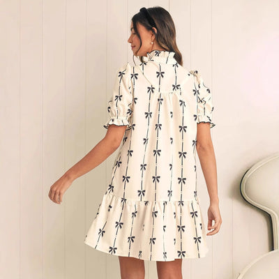 Robe trapèze femme – Manches bouffantes – Fibre naturelle – Motif nœud – Courte