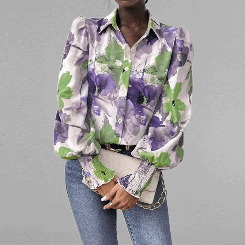 Chemise femme – Coupe oversize – Manches bouffantes – Imprimé floral – Tissu respirant