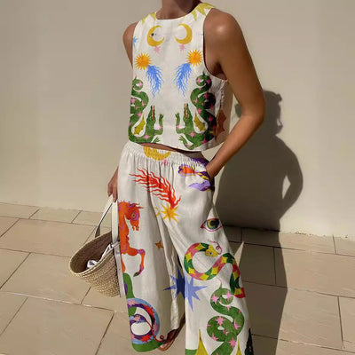 Top court sans manches femme – Coupe décontractée – Motifs imprimés audacieux – Fibres naturelles