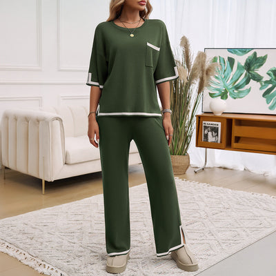 Ensemble Lounge Femme – Maille Douce – Coupe Ample – Pantalon Jambe Large – Finitions Contrastées