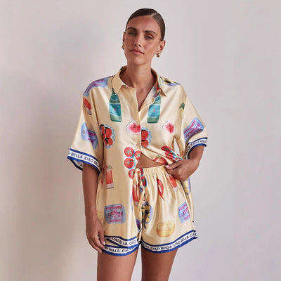 Ensemble de détente femme – Tissu satiné doux – Coupe ample – Chemise manches courtes et short à cordon