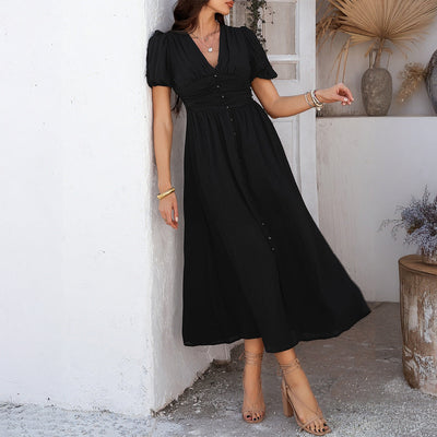 Robe longue femme – Tissu léger fluide – Taille haute – Manches courtes – Fente devant
