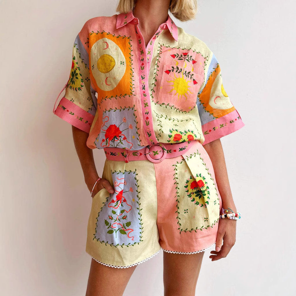 Ensemble Femme Chemise et Short – Coupe Décontractée – Taille Haute Ceinturée – Broderies