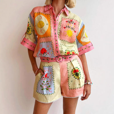 Ensemble Femme Chemise et Short – Coupe Décontractée – Taille Haute Ceinturée – Broderies