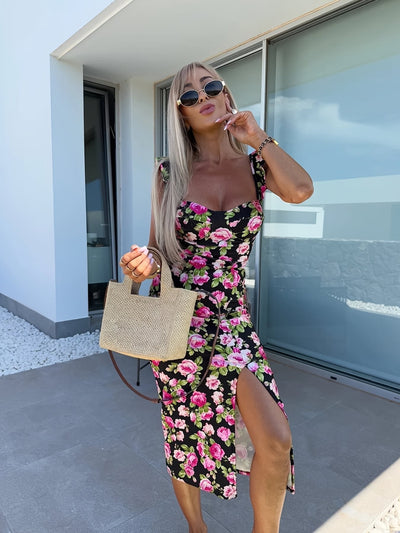 Robe midi femme – Coupe slim – Imprimé floral – Bretelles à volants – Fente latérale – Tissu respirant