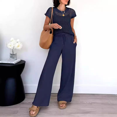 Ensemble Femme – Haut Maille Aérée Manches Courtes – Pantalon Large Fluide