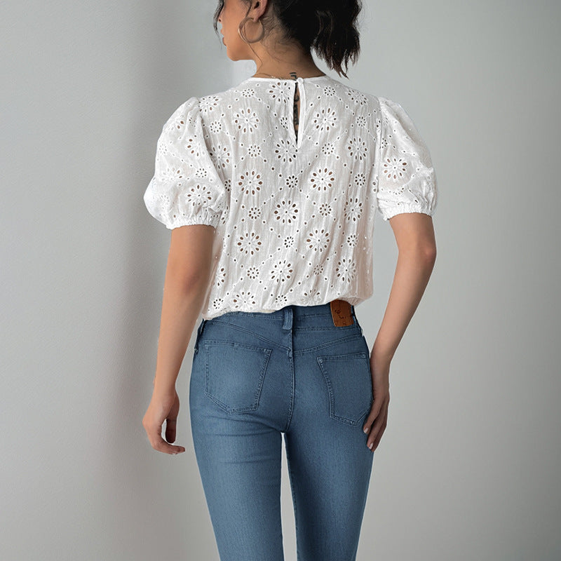 Blouse femme – Coupe décontractée – Tissu respirant – Manches bouffantes – Nœuds devant