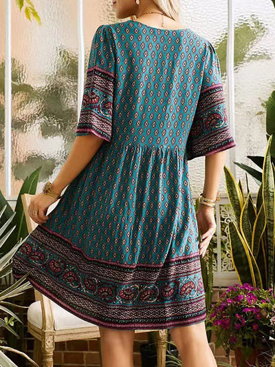 Robe bohème femme – Décolleté en V – Manches courtes – Imprimé ethnique
