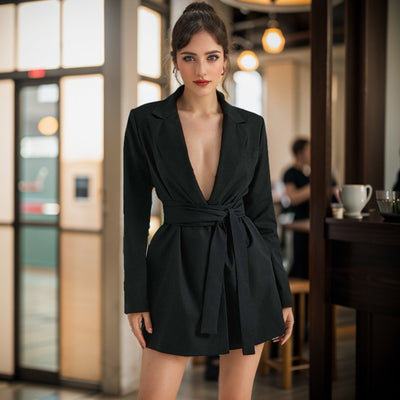Blazer femme – Coupe cintrée – Tissu structuré doux – Ceinture taille – Col tailleur