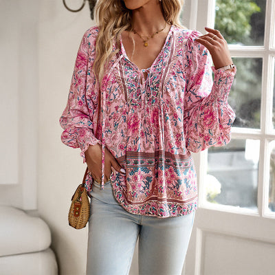 Chemisier pour femmes - Coupe décontractée - Col noué - Manches longues - Style boho - Tissu respirant