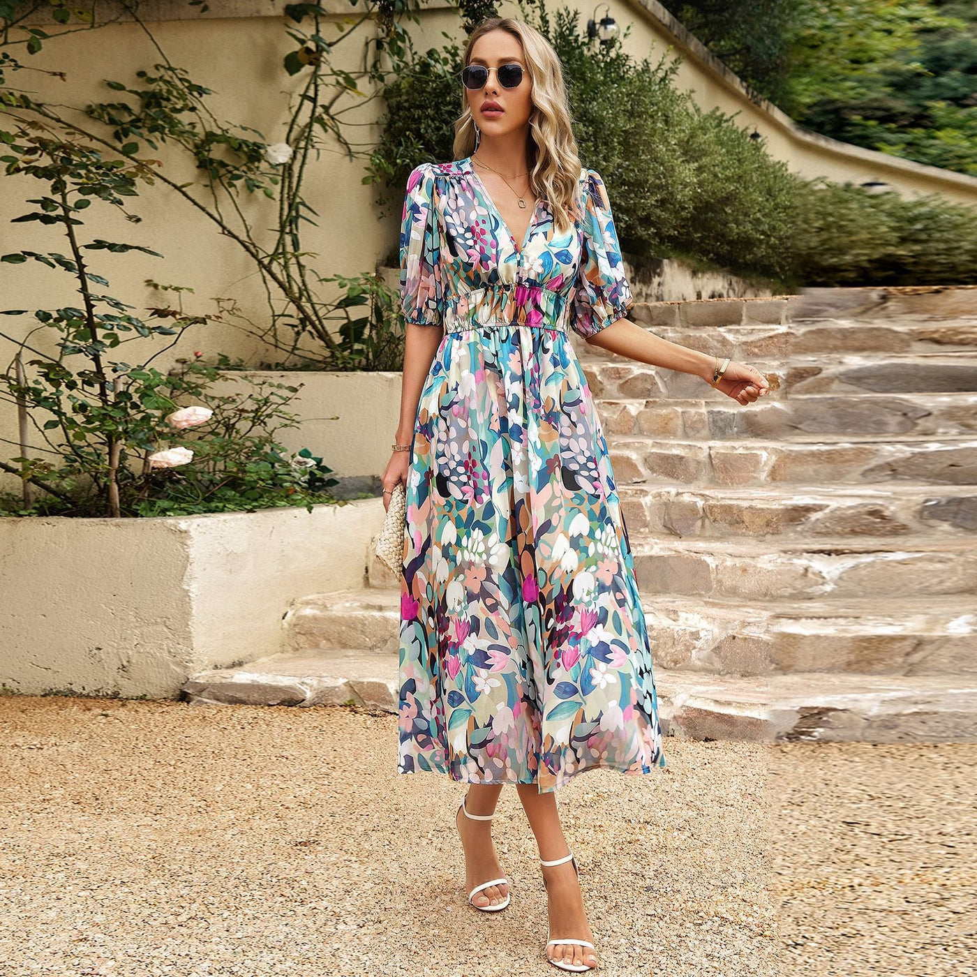 Hélène - Midi Robe Avec Ceinture À La Taille Et Motif Floral