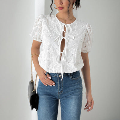 Blouse femme – Coupe décontractée – Tissu respirant – Manches bouffantes – Nœuds devant