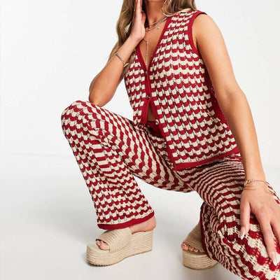 Ensemble Femme Gilet Boutonné et Pantalon Large – Maille Douce – Taille Élastique