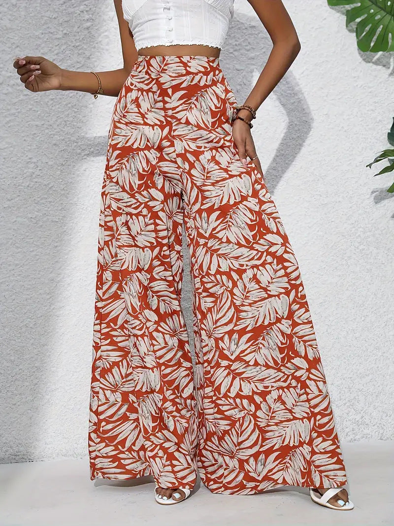 Pantalon large femme – Taille haute – Tissu léger – Imprimé floral intégral