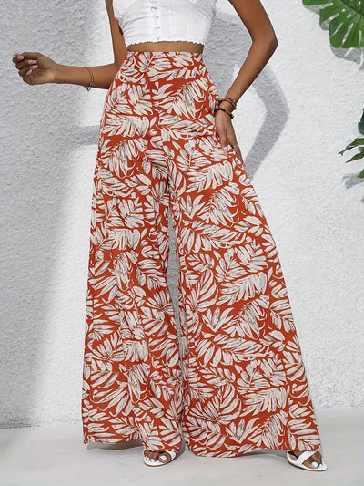 Pantalon large femme – Taille haute – Tissu léger – Imprimé floral intégral