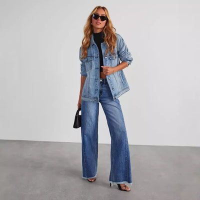 Jean large femme – Taille haute – Coupe ample – Ourlet effiloché – Longueur au sol