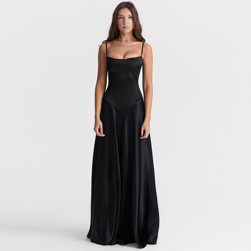 Robe de soirée femme – Coupe évasée longue – Bretelles fines – Taille ajourée