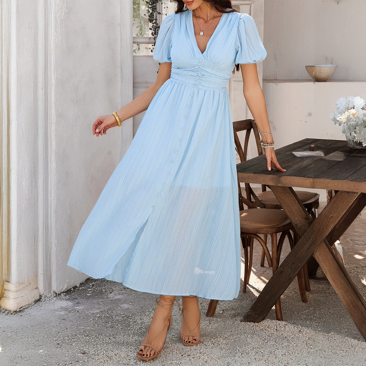 Robe longue femme – Tissu léger fluide – Taille haute – Manches courtes – Fente devant