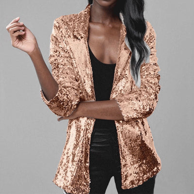 Blazer femme – Coupe structurée – Tissu scintillant à sequins – Manches longues – Ouvert