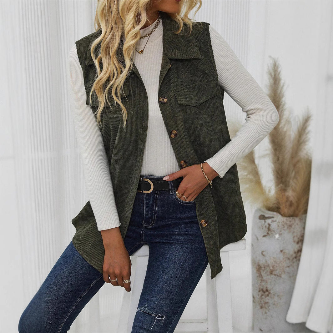 Gilet femme – Coupe décontractée – Tissu côtelé doux – Boutons et poches poitrine