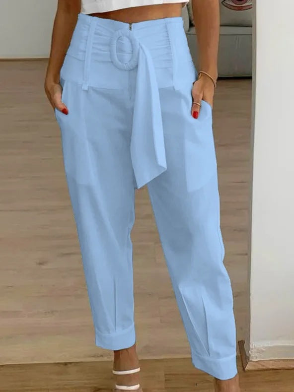Pantalon femme – Taille haute – Coupe fuselée – Ceinture à boucle – Tissu respirant