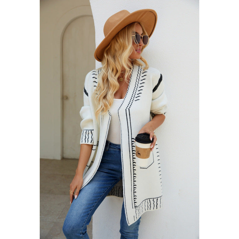 Gilet Femme – Maille Douce – Coupe Oversize – Jacquard – Ouvert à Poches – Mi-Long