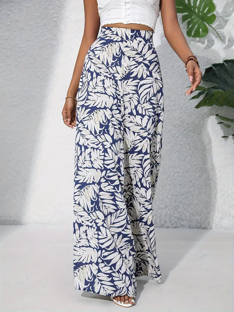 Pantalon large femme – Taille haute – Tissu léger respirant – Imprimé fleuri
