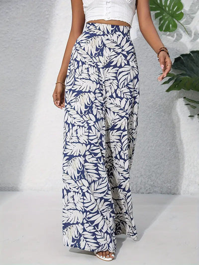 Pantalon large femme – Taille haute – Tissu léger – Imprimé floral intégral