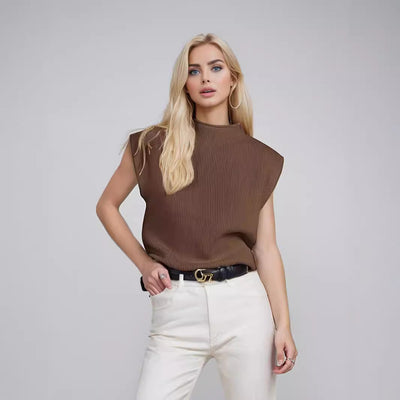 Débardeur Femme Col Roulé – Maille Douce – Coupe Ample – Texture Côtelée