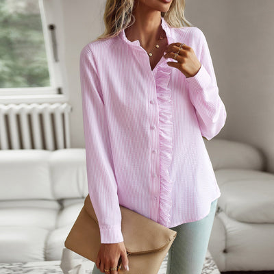 Blouse femme – Coupe décontractée – Tissu texturé – Manches longues – Boutonnage à volants