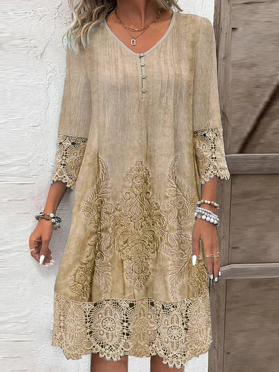 Robe longue femme – Coupe évasée – Décolleté en V – Dentelle brodée – Tissu fluide