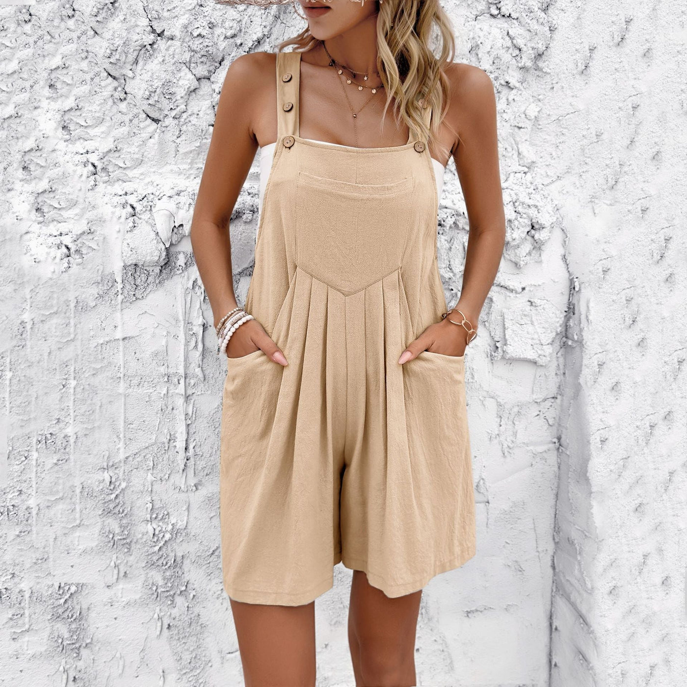Combinaison Short Femme – Coupe Décontractée – Tissu Respirant – Bretelles Boutonnées