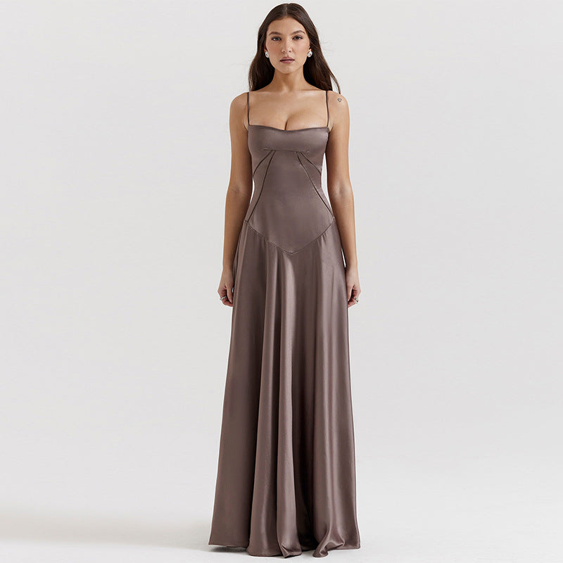 Robe de soirée femme – Coupe évasée longue – Bretelles fines – Taille ajourée