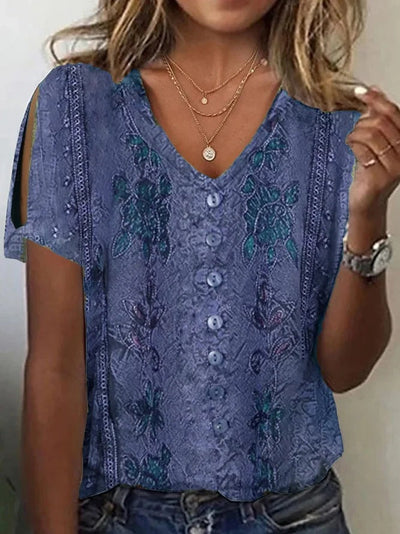 Blouse femme – Coupe ample – Décolleté V – Tissu respirant – Style bohème brodé