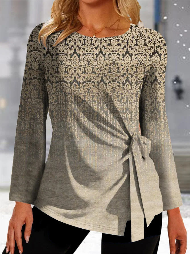 T-shirt femme manches longues – Coupe décontractée – Détail noué côté – Tissu doux respirant