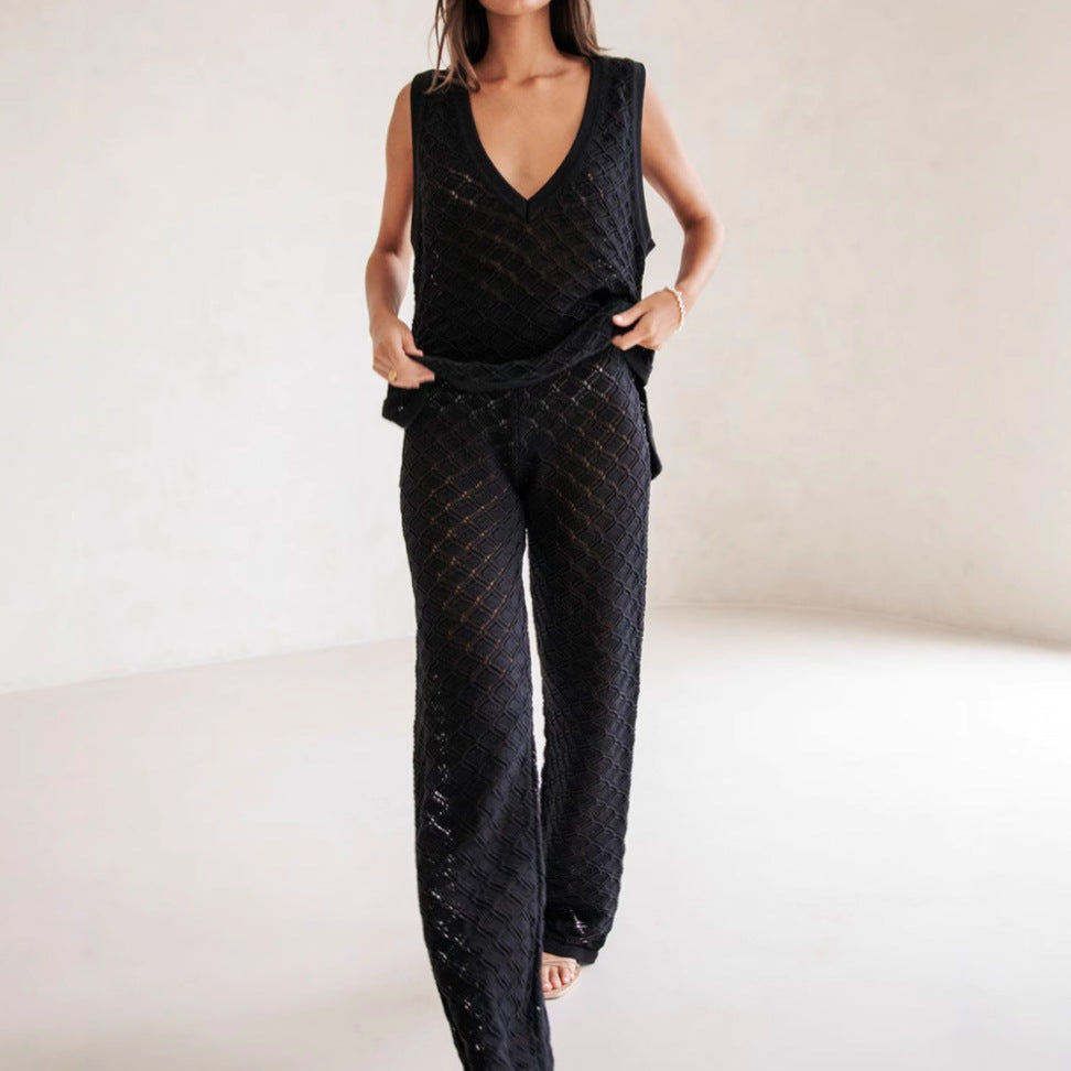 Ensemble femme top sans manches et pantalon – maille douce – coupe ample – motif losange