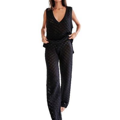 Ensemble femme top sans manches et pantalon – maille douce – coupe ample – motif losange