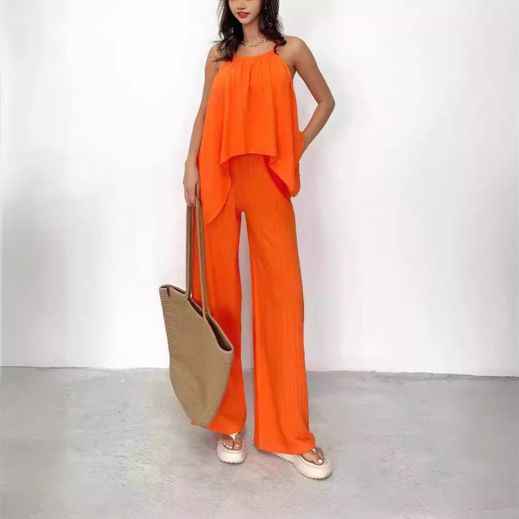 Ensemble Femme Top Dos Nu Asymétrique Fluide – Pantalon Large Taille Haute
