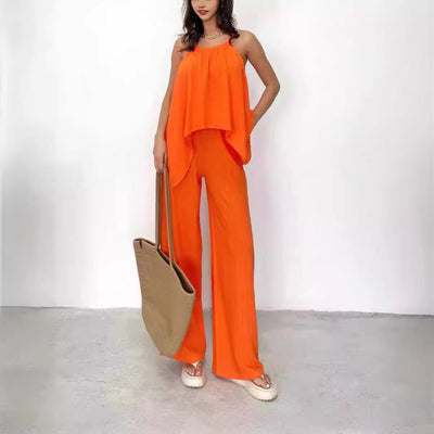 Ensemble Femme Top Dos Nu Asymétrique Fluide – Pantalon Large Taille Haute