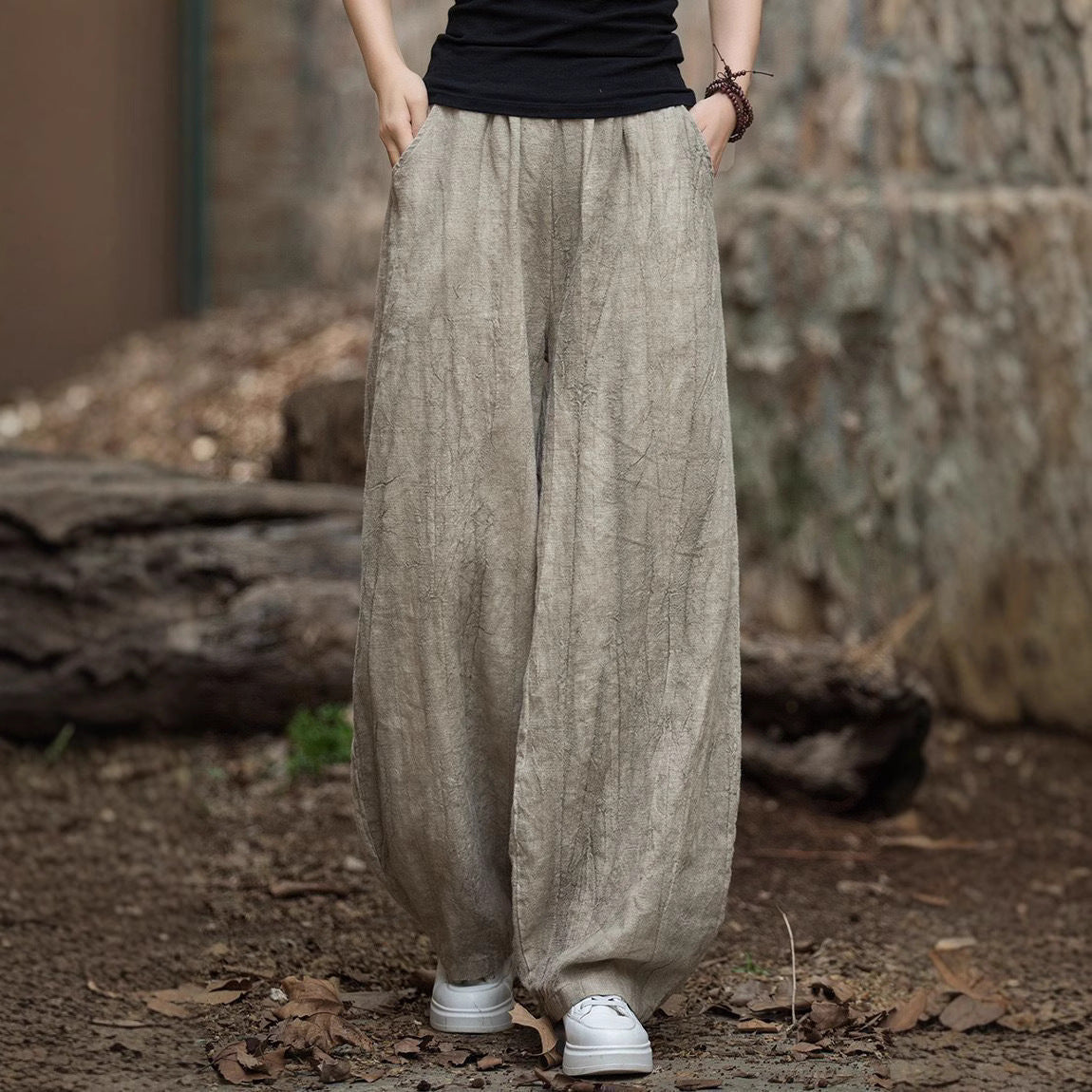 Pantalon femme – Coupe ample – Tissu respirant – Taille élastique – Style lanterne