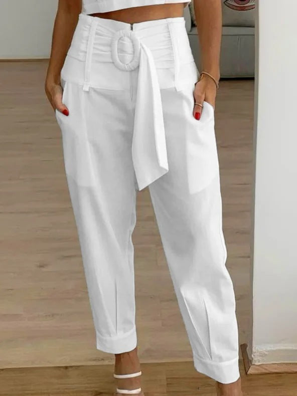 Pantalon femme – Taille haute – Coupe fuselée – Ceinture à boucle – Tissu respirant