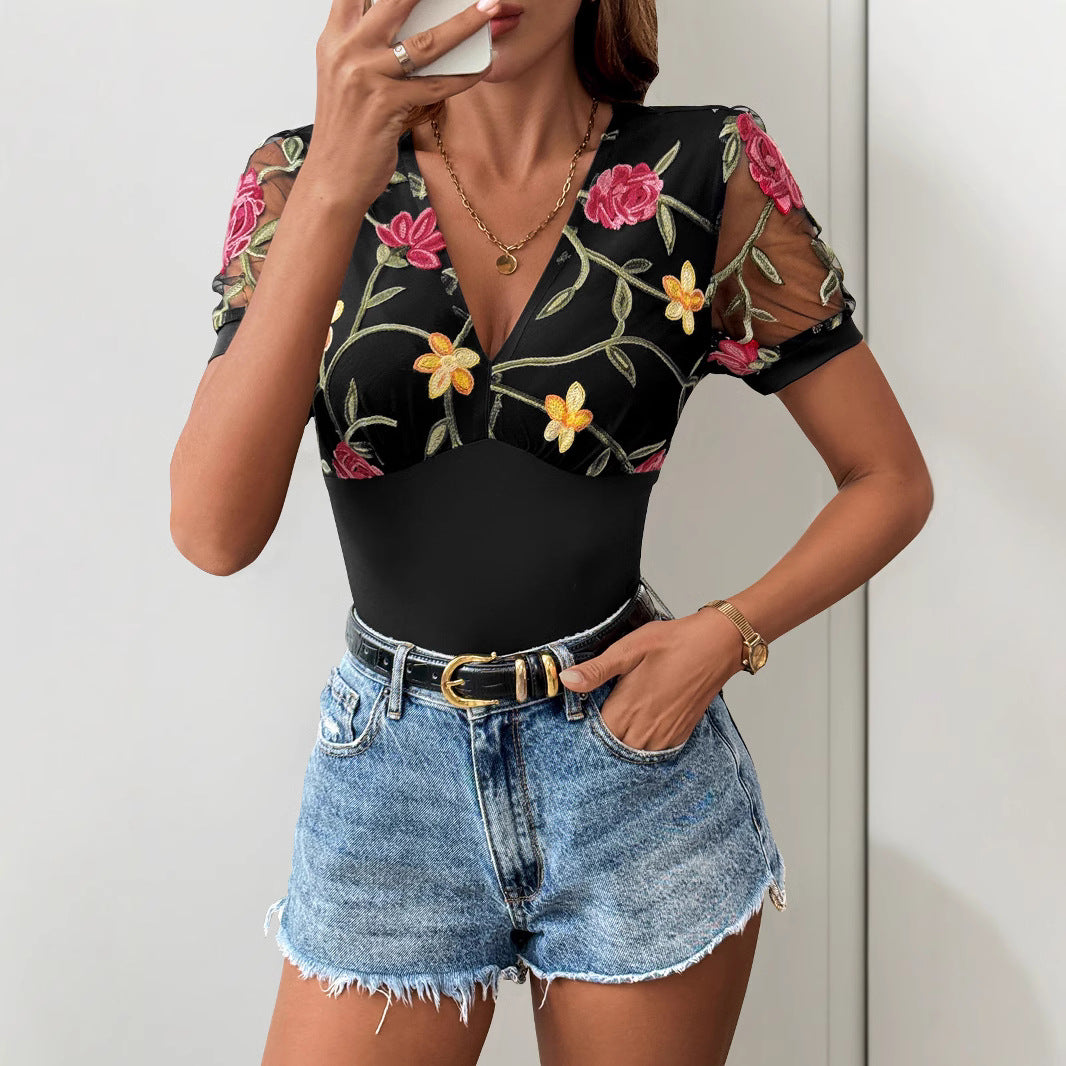 Body femme – Coupe ajustée – Manches courtes en tulle – Col en V brodé floral