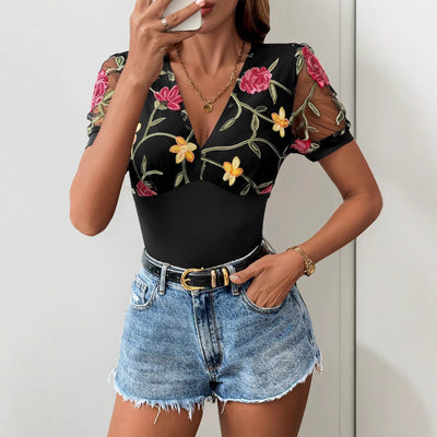 Body femme – Coupe ajustée – Manches courtes en tulle – Col en V brodé floral